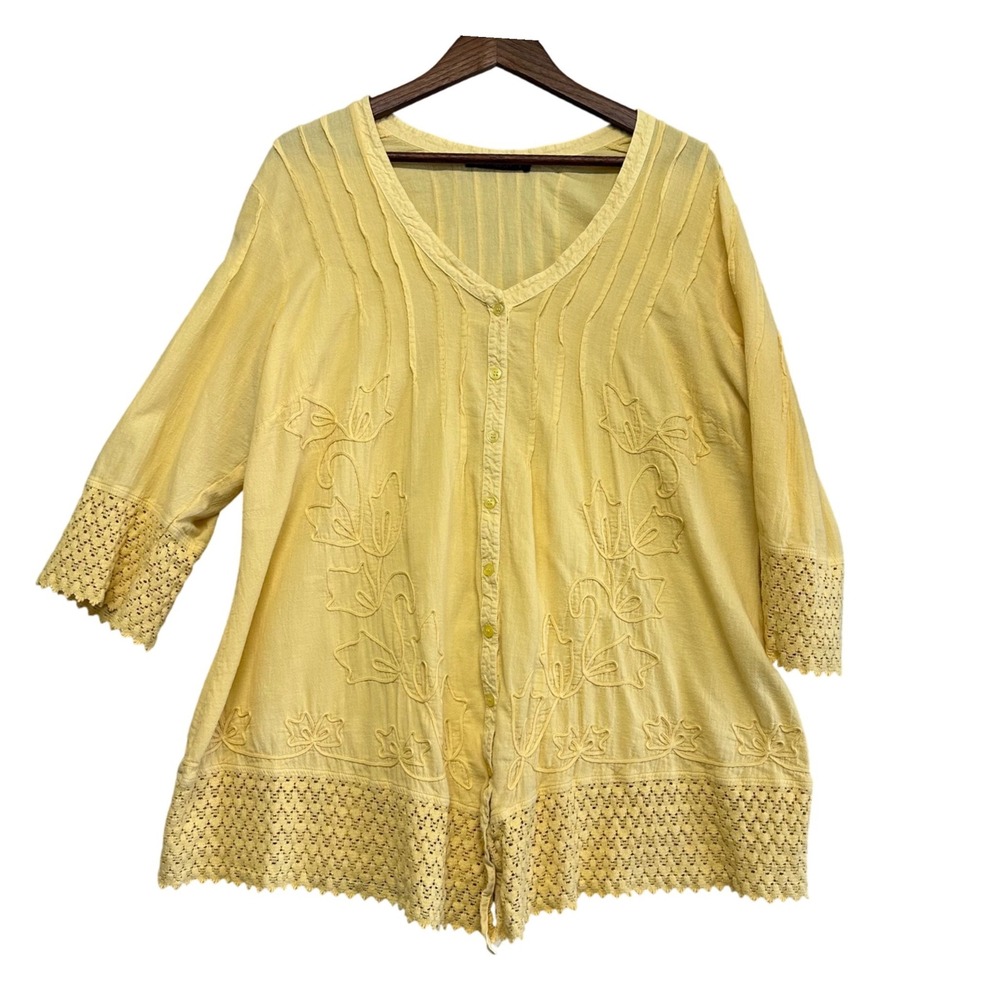 Gretty Zueger Womens Size L Gauze Embroidered Crochet Lace Blouse Boho Button Up